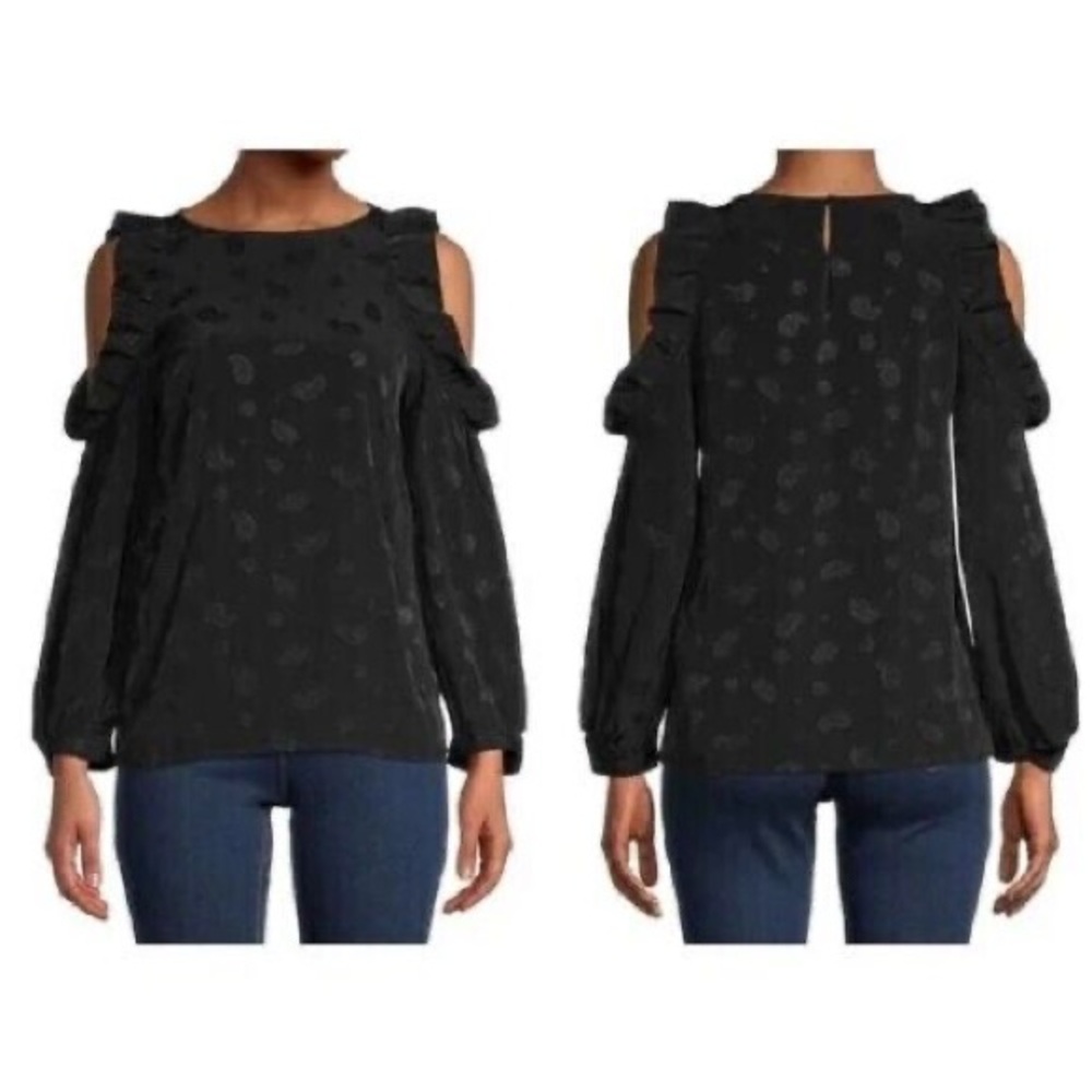 MAJE LOYD BLACK PAISLEY PRINT RUFFLE COLD SHOULDER LONG SLEEVE BLOUSE top - Picture 10 of 11